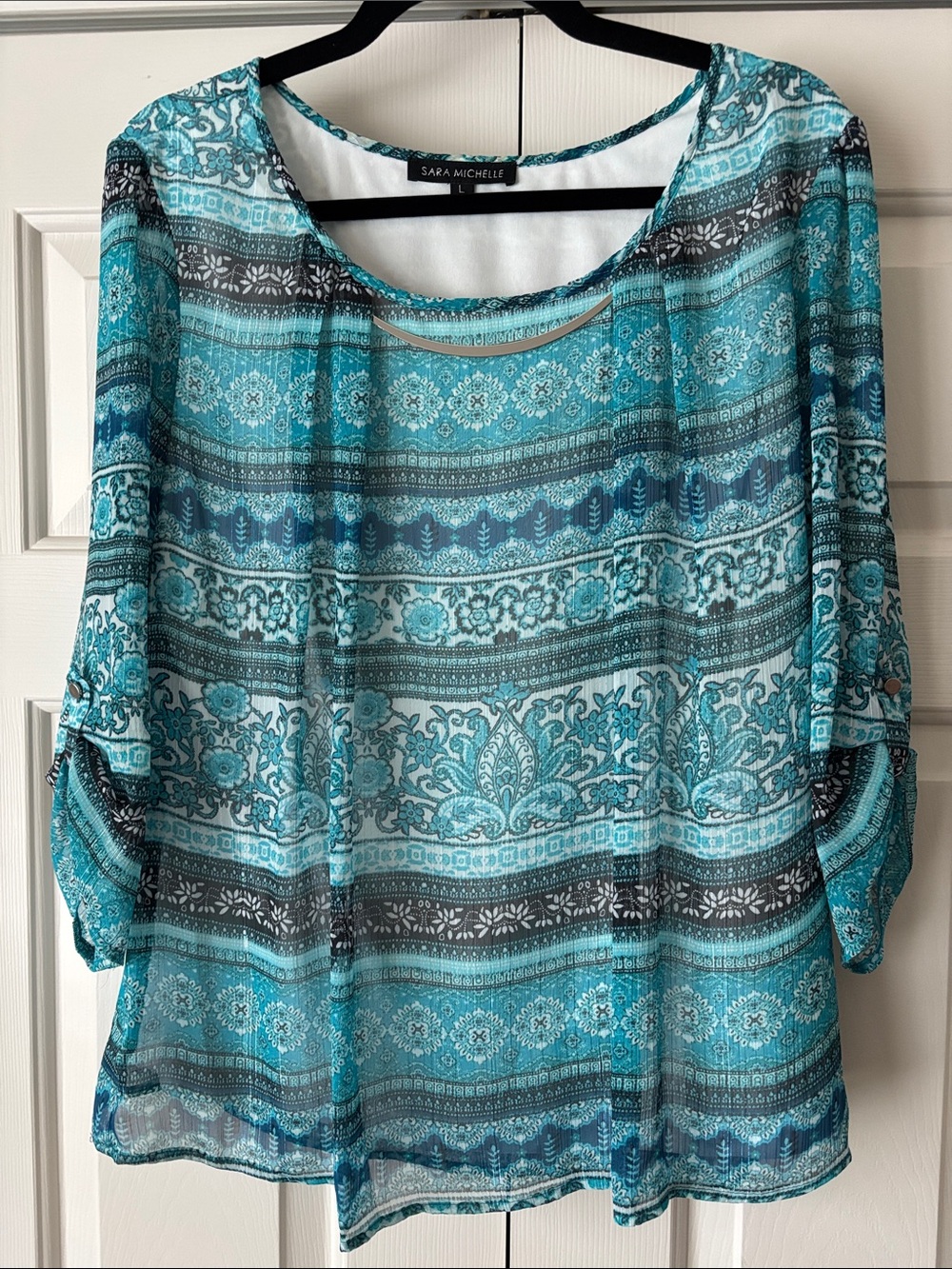 Sara Michelle - Teal, Black and Aqua Printed Women’s Blouse - Large
